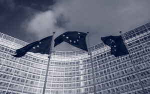 a building and EU flags