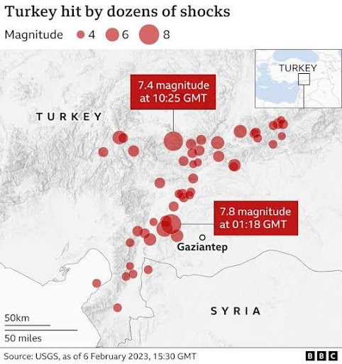 This image shows where the earthquake was felt in Turkey and Syria.